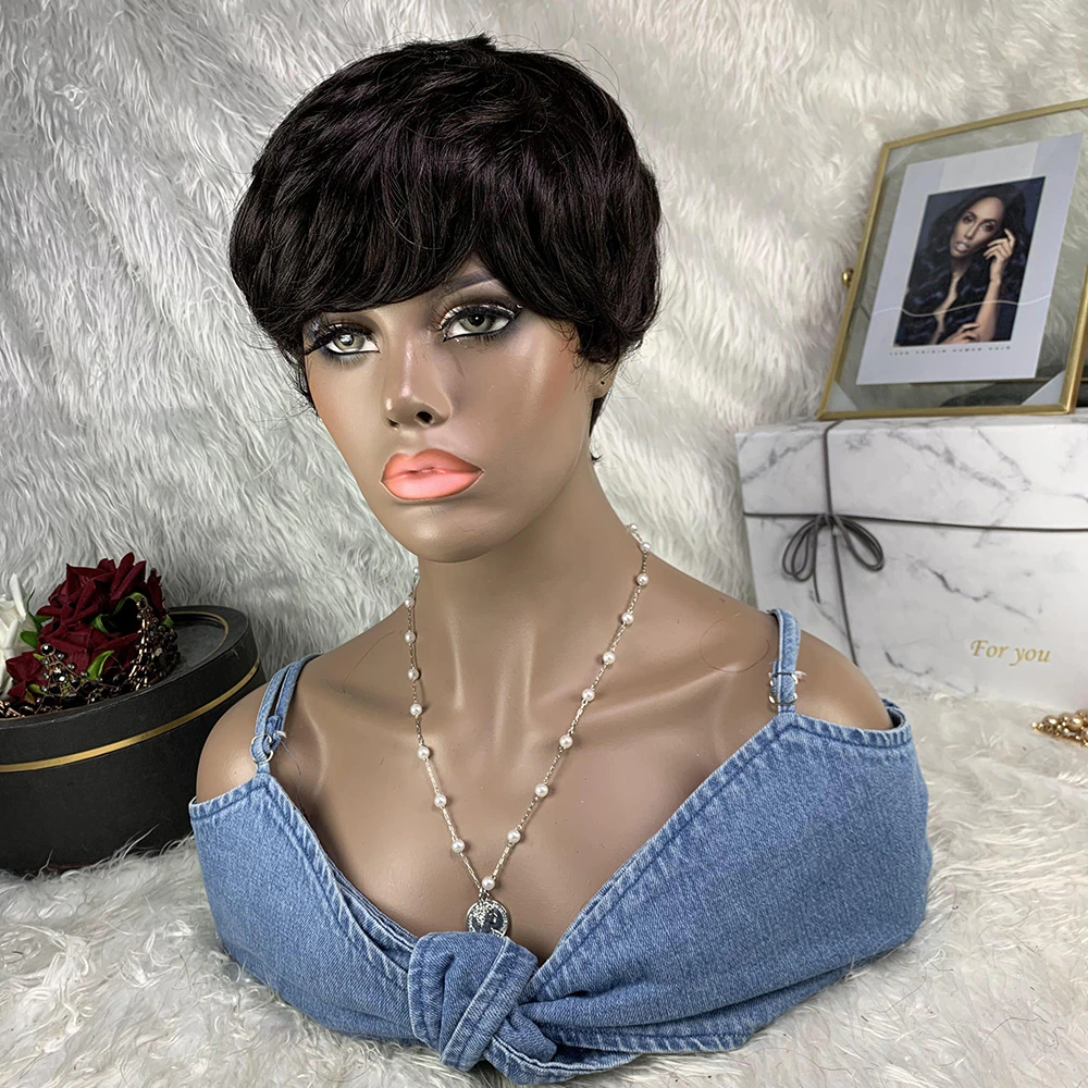 Short human hair black wigs on sale