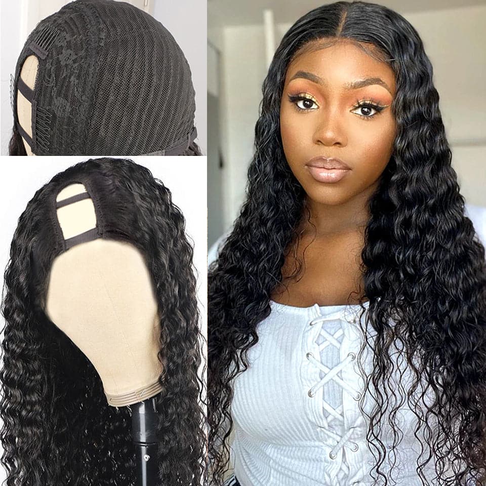U Part Wig Human Hair Wig Deep Wave Human Hair Wigs Natural Black