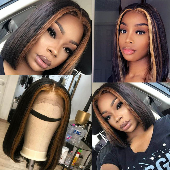 Honey Blonde Highlights Straight Short Bob 13x4 Lace Front Wig Natural Hairline
