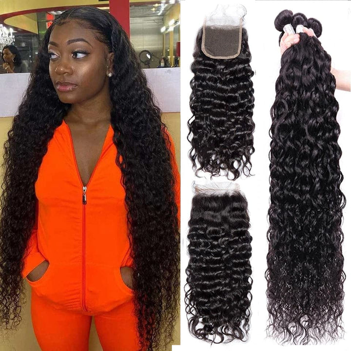 Peruvian Water Wave 4 Bundles With 4x4 Closure 8-40Inch Natural Wave Hair Extension Remy Human Hair