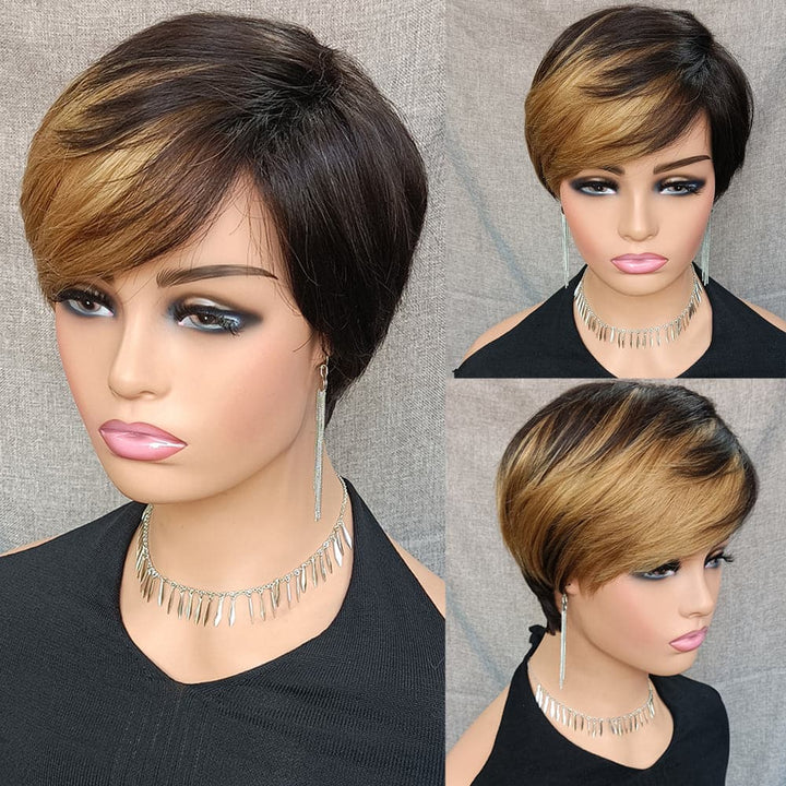 Ship In 24Hours-Lumiere T/27 JZ016 Highlight Straight Short Bob Pixie Cut Wig Human Hair