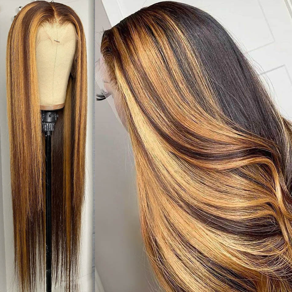 Highlight P4/27 Straight 3 Bundles with 13x4 Lace Frontal transparent lace