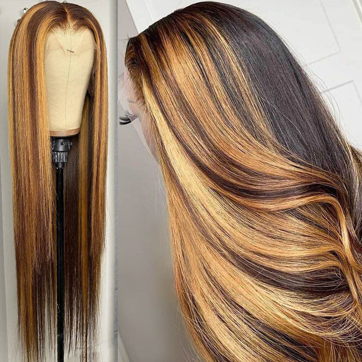 Highlight P4/27 Straight 3 Bundles with 13x4 Lace Frontal transparent lace