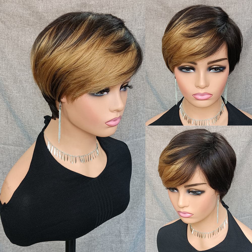 Ship In 24Hours-Lumiere T/27 JZ016 Highlight Straight Short Bob Pixie Cut Wig Human Hair