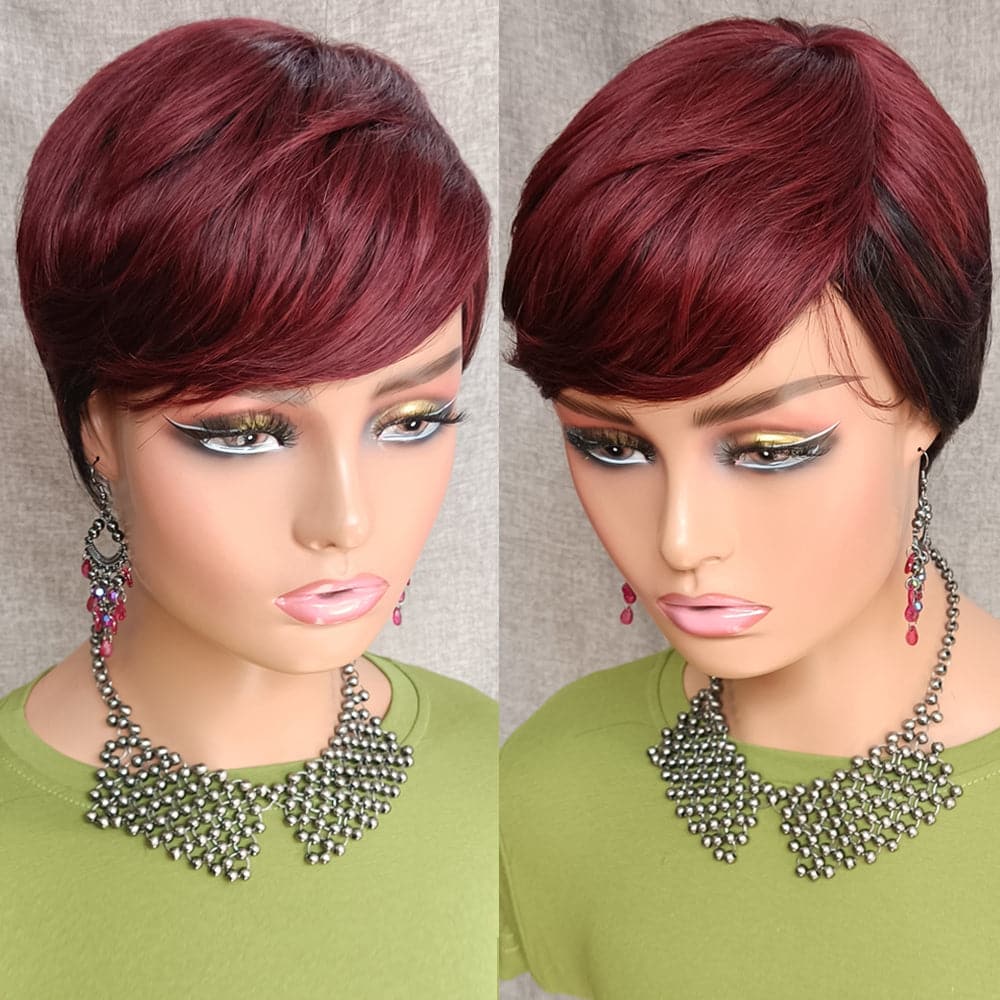 Black Women  Short Wigs With Bangs  Highlight Virgin Hair Pixie Cut Human Hair Wigs