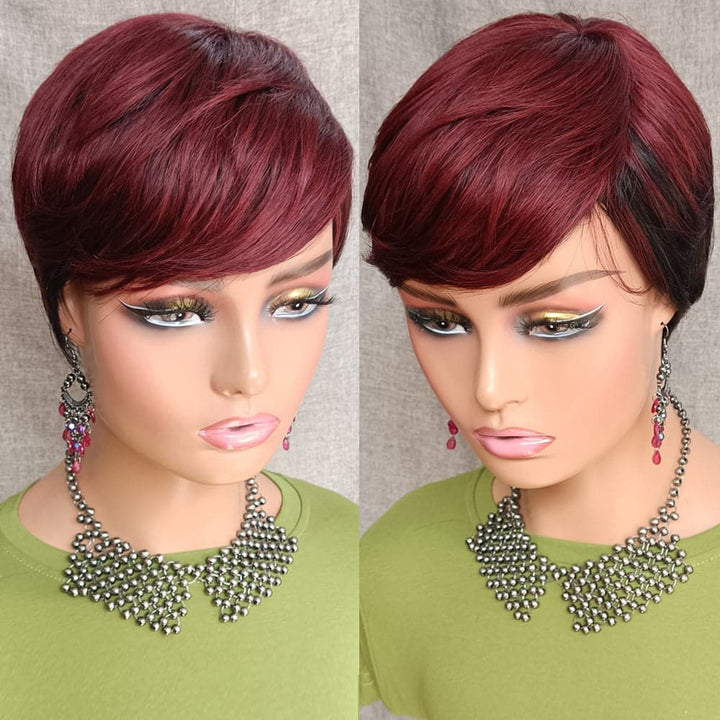 Black Women  Short Wigs With Bangs  Highlight Virgin Hair Pixie Cut Human Hair Wigs