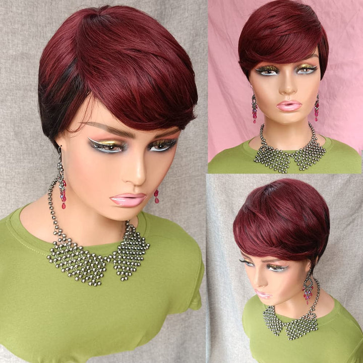 Black Women  Short Wigs With Bangs  Highlight Virgin Hair Pixie Cut Human Hair Wigs