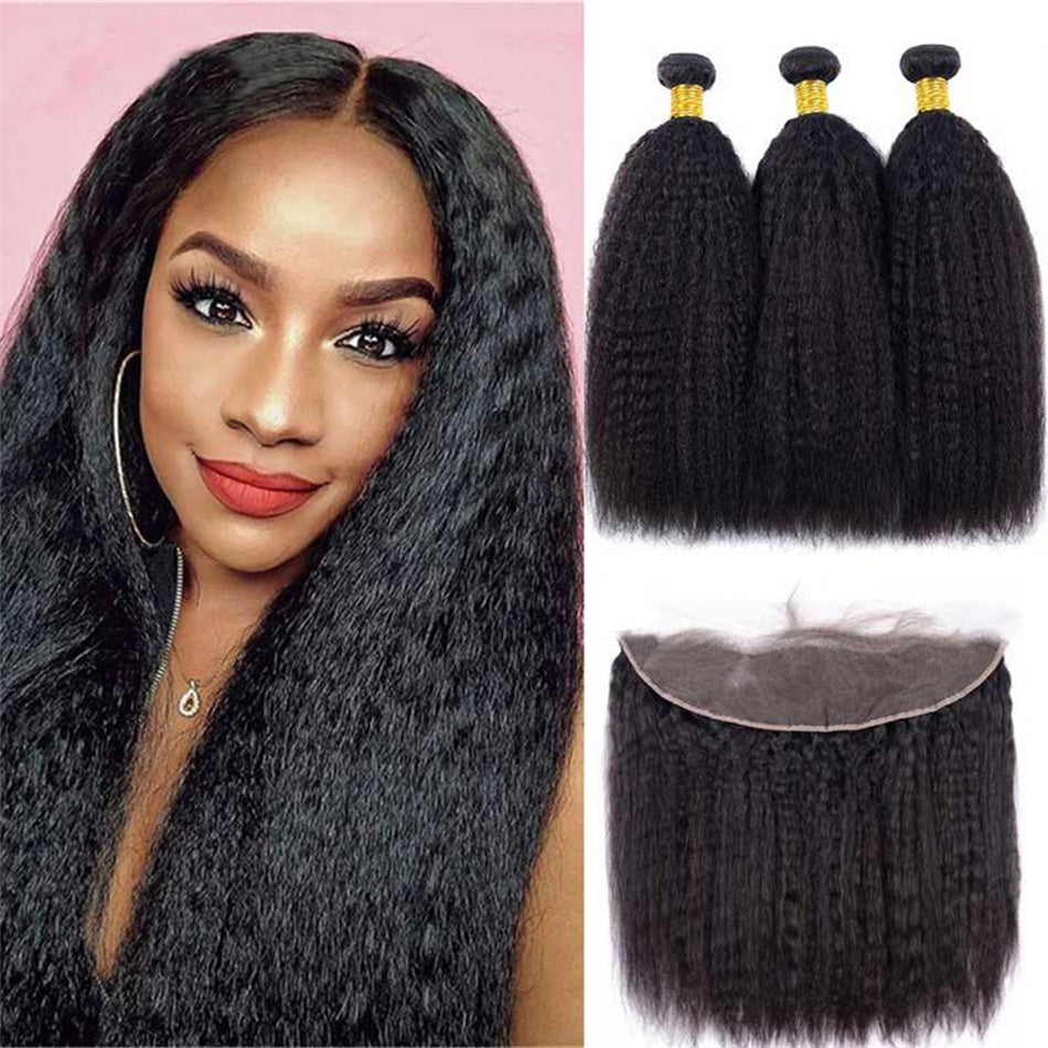 Lumiere Kinky Straight 3 Bundles with 13x4  Lace Frontal Pre Plucked Transparent human hair extensation