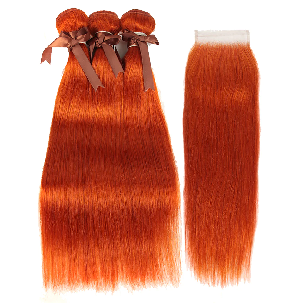 #350 Ginger Straight Hair 3 Bundles with 4x4 HD Lace Closure Human Hair Extensions(No Code Need)