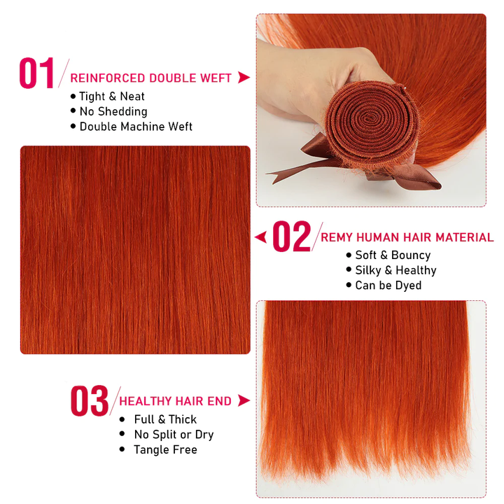 #350 Ginger Straight Hair 3 Bundles with 4x4 HD Lace Closure Human Hair Extensions(No Code Need)