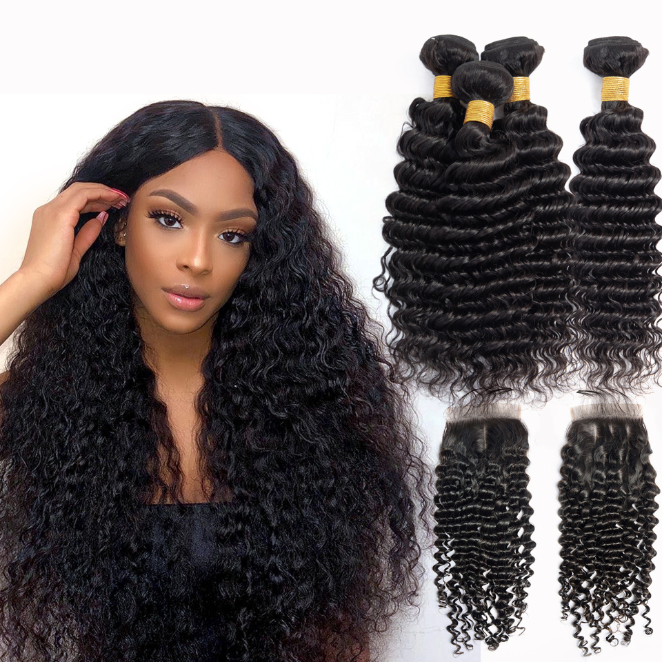lumiere hair Indian Deep Wave Virgin Hair 4 Bundles with 4X4 Lace Closure - Lumiere hair