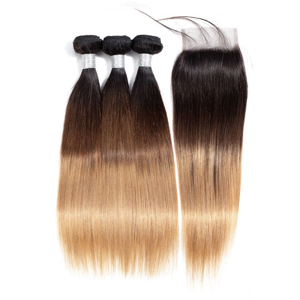 Lumiere hair Ombre 1B/27 Straight Hair 3 Bundles With Closure 4x4 pre-Colored 100% virgin human hair - Lumiere hair