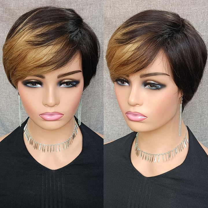 Ship In 24Hours-Lumiere T/27 JZ016 Highlight Straight Short Bob Pixie Cut Wig Human Hair
