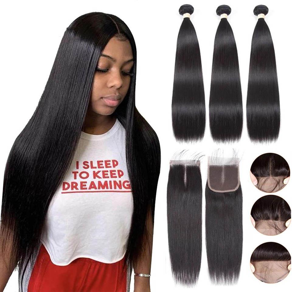 Straight 3 Bundles With 4x4 Closure Transparent Lace Peruvian Remy Hair