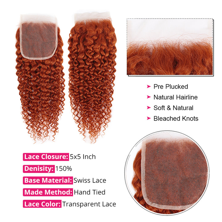 #350 Ginger Orange Kinky Curly 3 Bundles With 4X4 Lace Closure Brazilian Human Hair