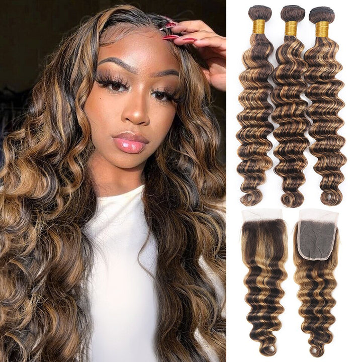 Highlight P4/27 Loose Deep Wave 3 Bundles With 4x4 Lace Closure