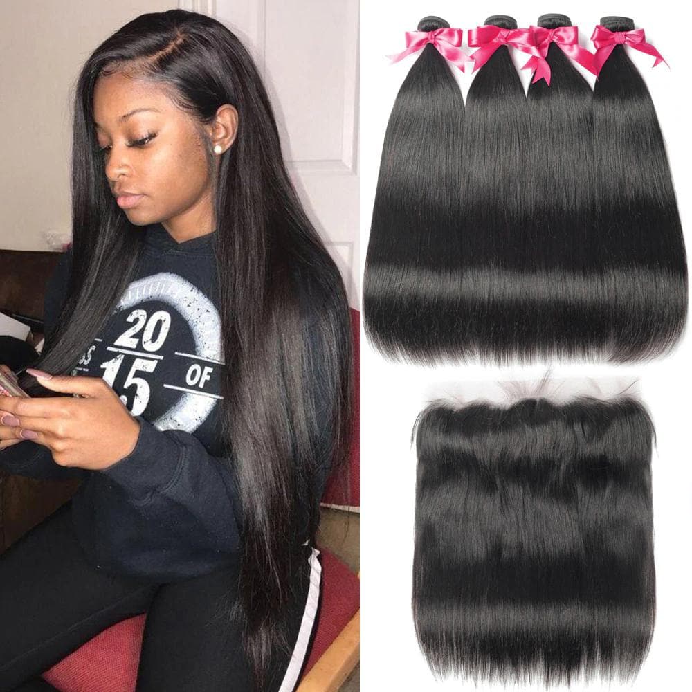 Straight 4 Bundles With 13X4 Lace Frontal Human Hair