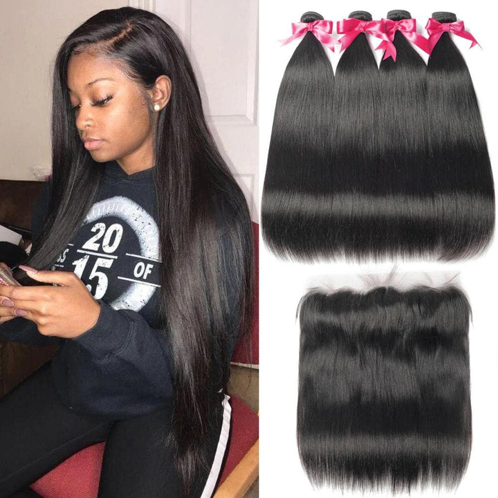 Straight 4 Bundles With 13X4 Lace Frontal Human Hair