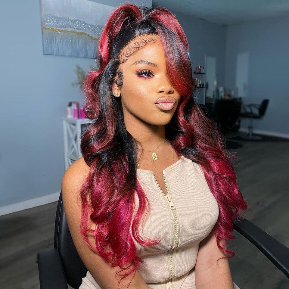 Skunk Stripe Natural Black Roots Burgundy Loose Wave Virgin Hair Lace Frontal Wig human hair
