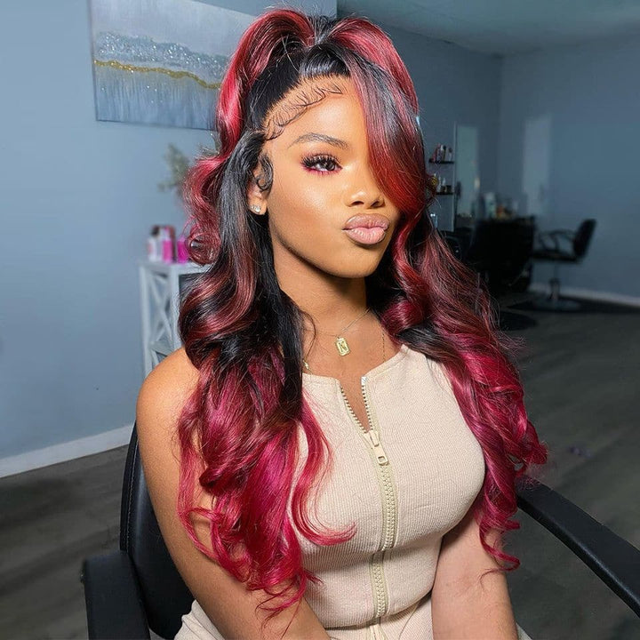 Skunk Stripe Natural Black Roots Burgundy Loose Wave Virgin Hair Lace Frontal Wig human hair