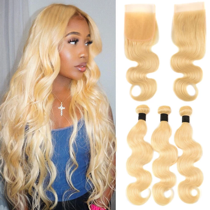 613 Blonde Body Wave 3 Bundles with 4x4 Closure with transparent lace - Lumiere hair