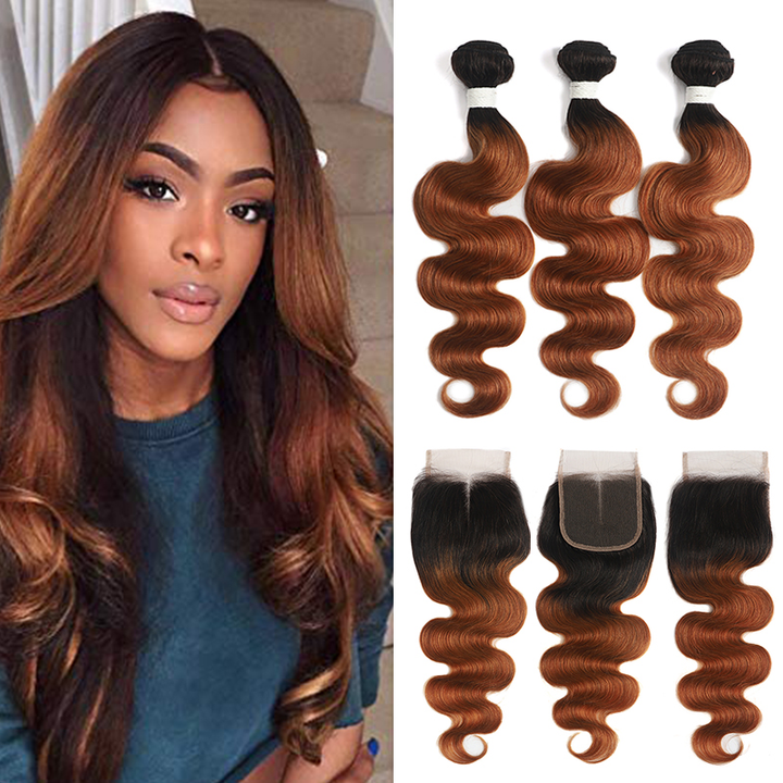 Ombre 1B/30 Body Wave 3 Bundles With Closure 4x4 pre Colored 100% virgin human hair - Lumiere hair