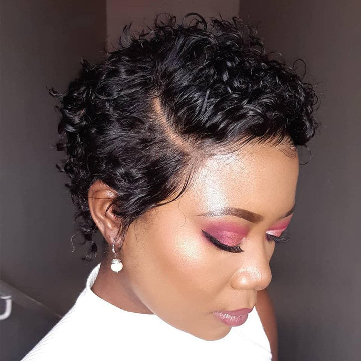 Natural Black 13x1 T Lace Side Part Kinky Curly Short Pixie Cut Bob Wigs For Women