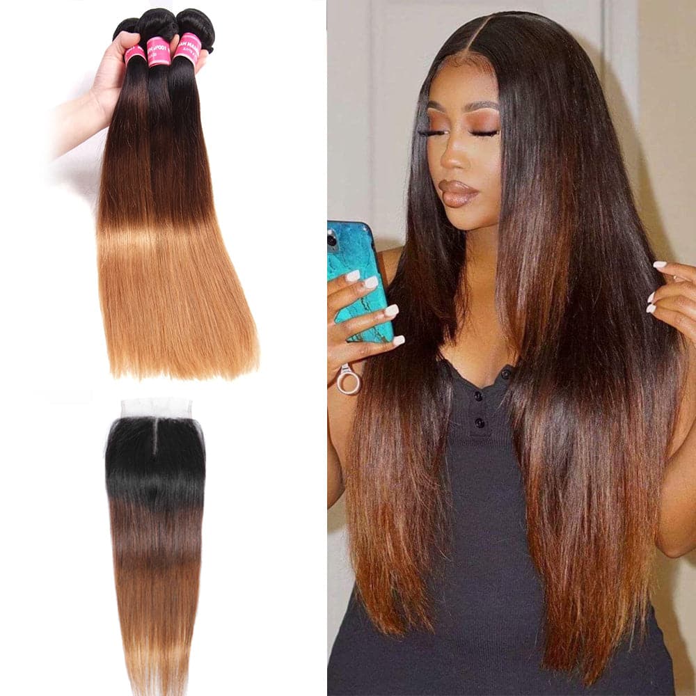 Brazilian Ombre 1b/4/27 Straight 3 Bundles with 4X4 Closure Human Hair - Lumiere hair