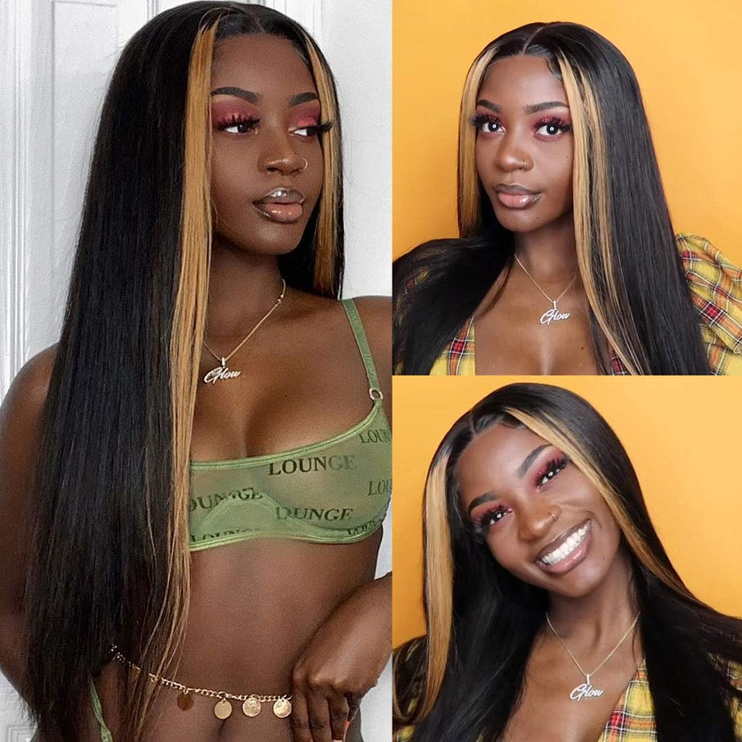 Straight Blond & Black Highlighgt Wig for Women 13x4/4x4 HD Lace Front Skunk Stripe Wigs Color