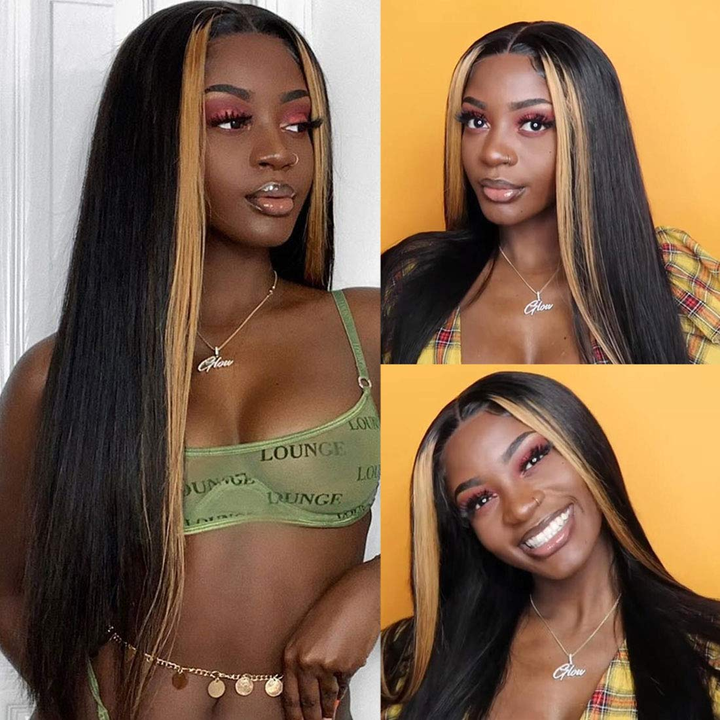 Straight Blond & Black Highlighgt Wig for Women 13x4/4x4 HD Lace Front Skunk Stripe Wigs Color