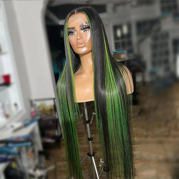 Highlight Green Straight 13x4 / 4X4 Lace Frontal Wig Human Hair For Women