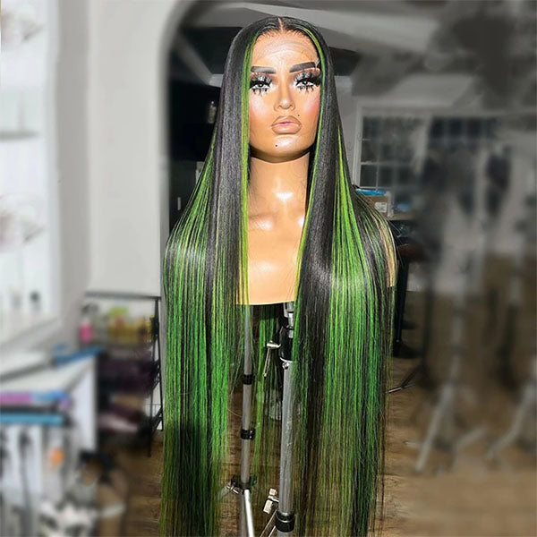 Highlight Green Skunk Stripe Straight 13x4 / 4X4 Lace Frontal Wig Human Hair For Women