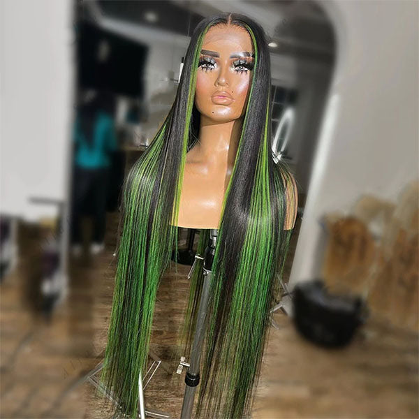 Highlight Green Skunk Stripe Straight 13x4 / 4X4 Lace Frontal Wig Human Hair For Women