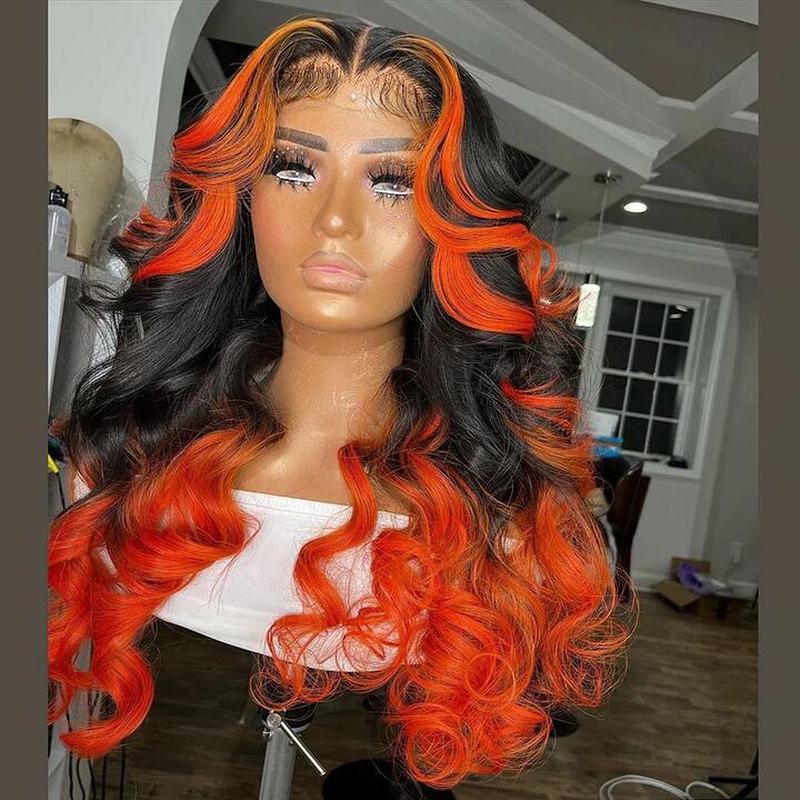 Body Wave Skunk Stripe Orange Highlight With Black Ombre Color Lace Front Wig