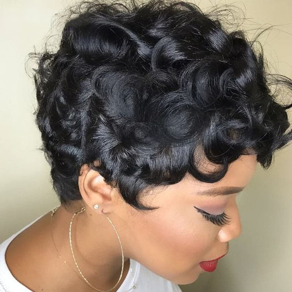 Ship In 24Hours-Lumiere Natural Black 13x1 Lace Loose Curly Short Pixie Cut Bob Wigs For Women