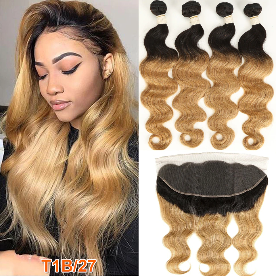 1B/27 Ombre Body Wave 4 Bundles With 13x4 Lace Frontal Pre Colored Ear To Ear