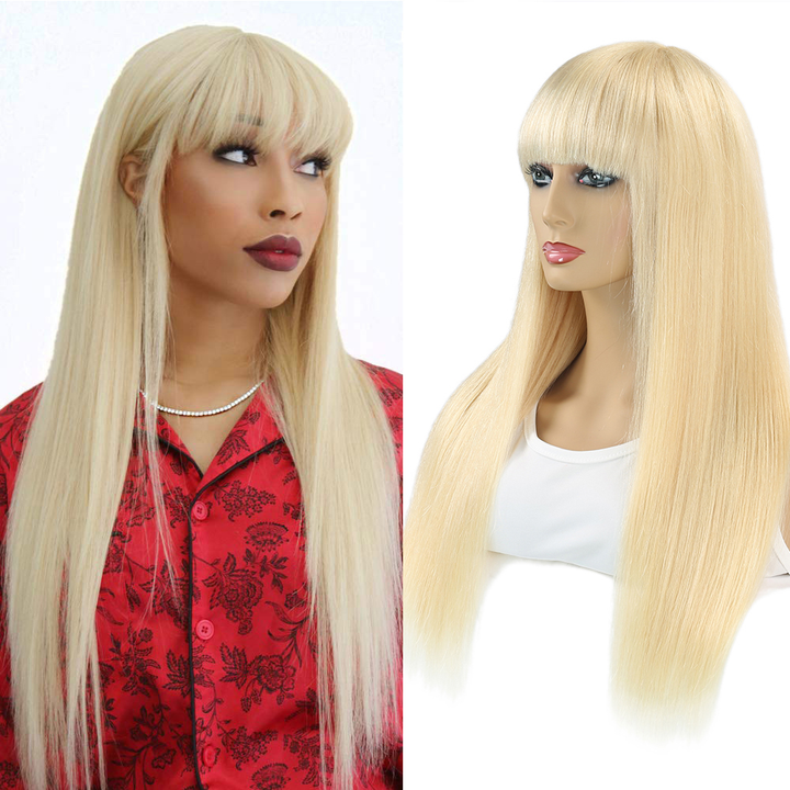 613 Blonde Straight Full Machine Made None Lace Front Wigs With Bangs For Women 12-24 Inches