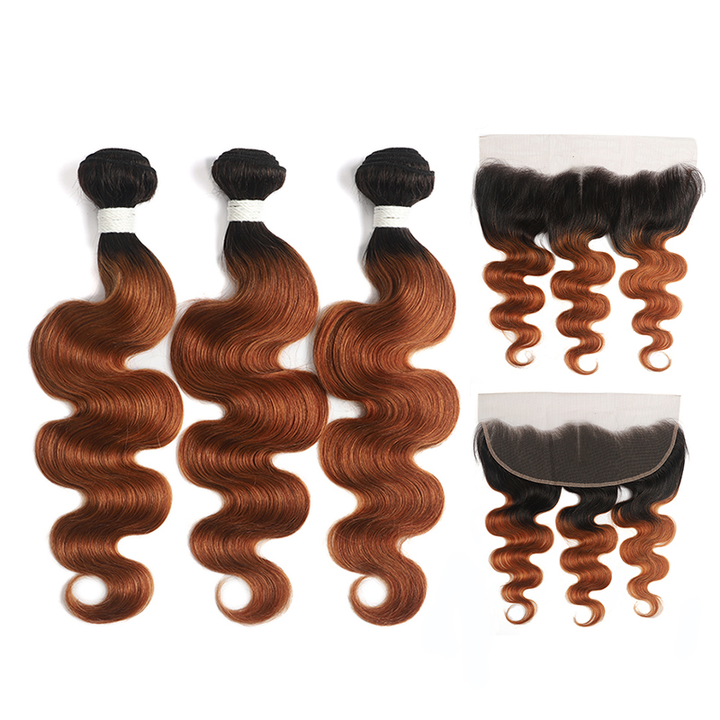 lumiere 1B/30 Ombre Body Wave 3 Bundles With 13x4 Lace Frontal Pre Colored Ear To Ear