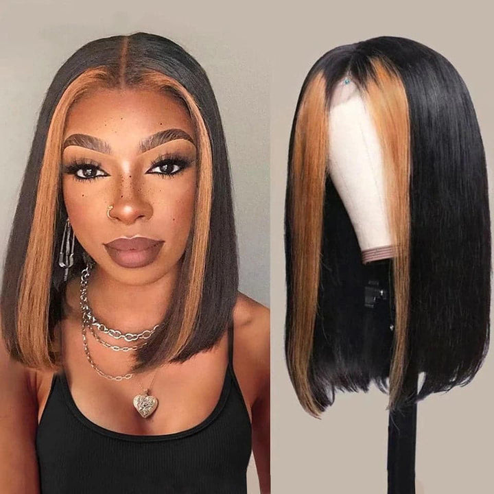 Honey Blonde Highlights Straight Short Bob 13x4 Lace Front Wig Natural Hairline