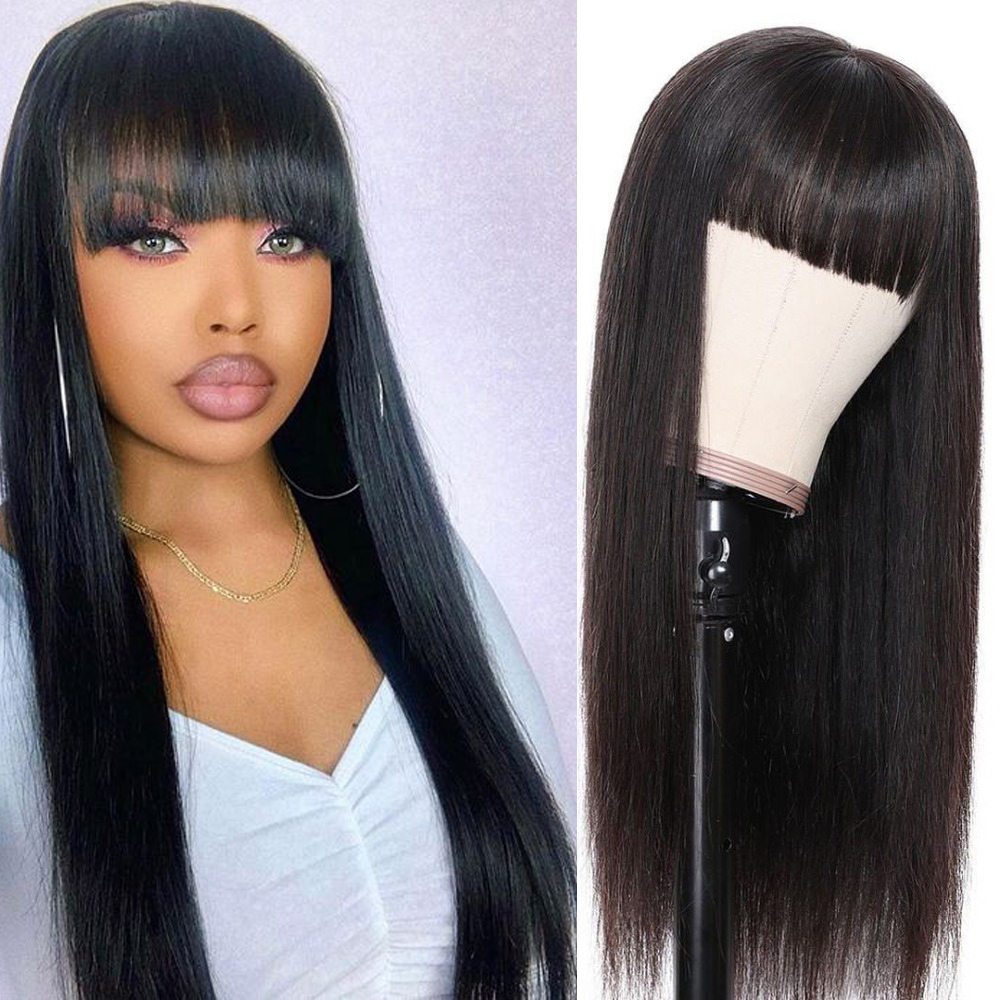 Straight Full Machine Made None Lace Front Wigs With Bangs For Women 8-24 Inches