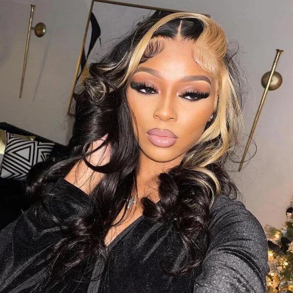 Blonde Skunk Stripe Hair Natural Body Wave Hairstyle 13X4 / 4x4 Lace Wigs For Women