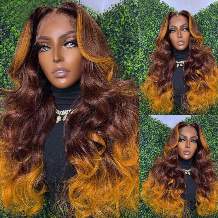 Lumière #4/Jaune Ombre Highlight Body Wave Lace Frontal Perruque de Cheveux Humains