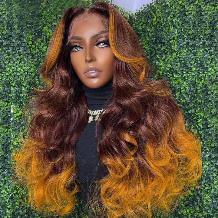 Lumière #4/Jaune Ombre Highlight Body Wave Lace Frontal Perruque de Cheveux Humains