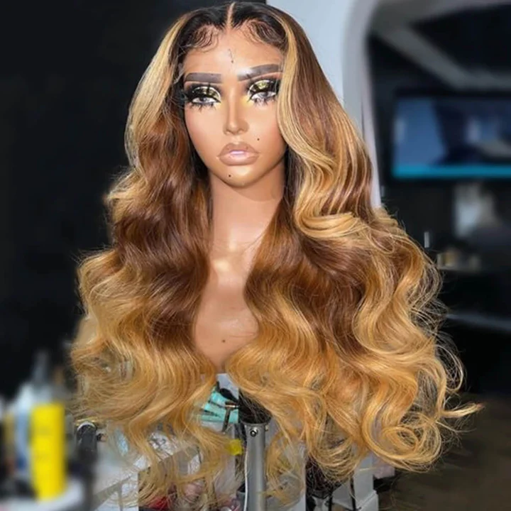 Skunk Stripe #6/27 Ombre Highight Body Wave Lace Frontal Human Hair Wigs for women