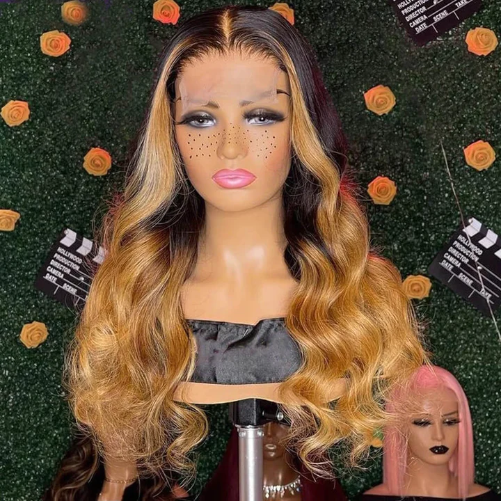 T1B / 30 Highlight Body Wave Wig Lace Frontal Perruques de cheveux humains pour les femmes noires