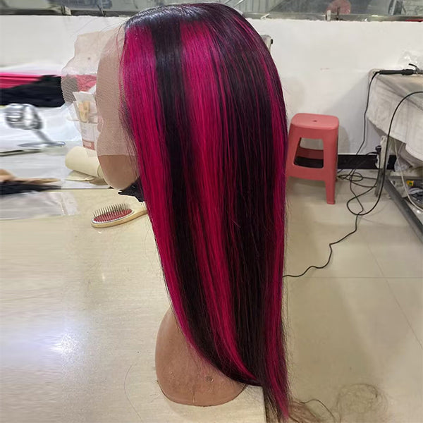 Skunk Stripe Highlight Pink 13X4 / 4X4 Lace Front Straight Wig For Women