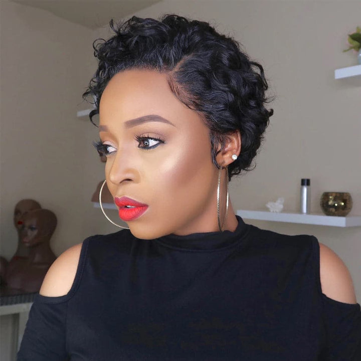 Natural Black 13x1 T Lace Side Part Kinky Curly Short Pixie Cut Bob Wigs For Women