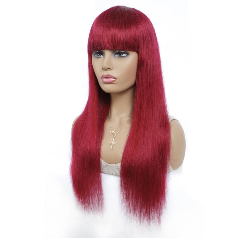 BURG Straight Hair Full Machine Made None Lace Front Wigs With Bangs