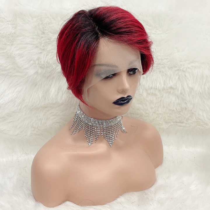 1B/BURG 13x1 T Lace Side Part Straight Short Pixie Cut Bob Wigs For Women
