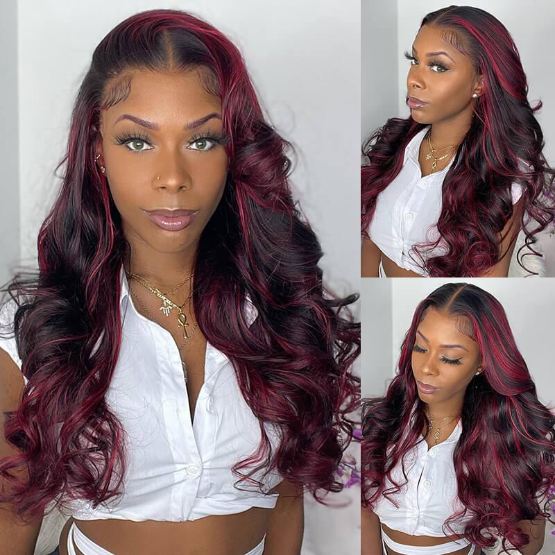 Ombre Noir Bourgogne mis en évidence Body Wave 13X4 / 4x4 Lace Frontal Wigs